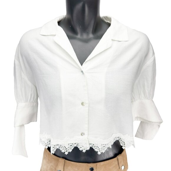 The Kooples Tops - THE KOOPLES Sport Cropped Floral Lace-Hem Half Split Cuff Sleeves White Blouse 1